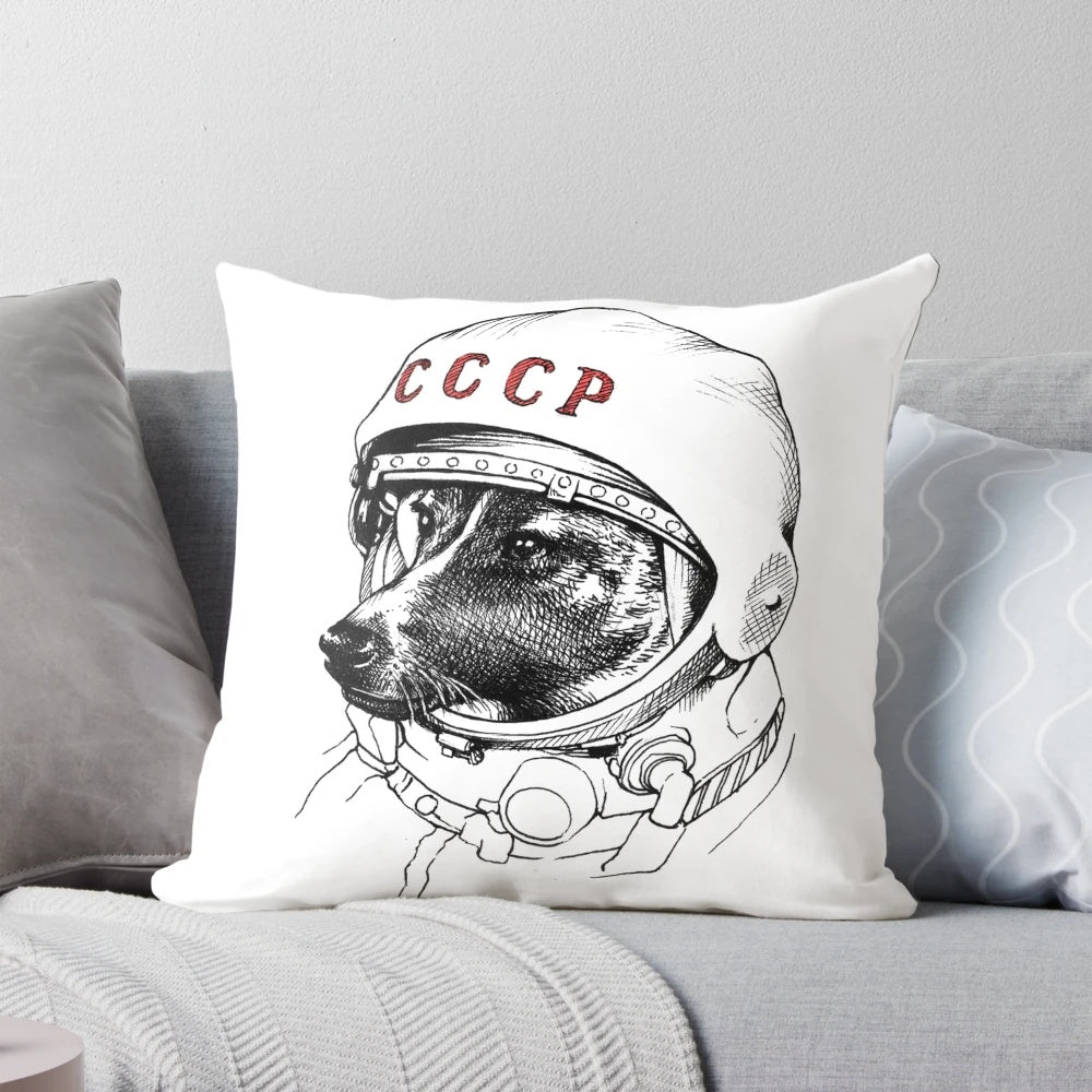 Illustration of Laika the famous Soviet space dog, floating in a starry cosmic background.