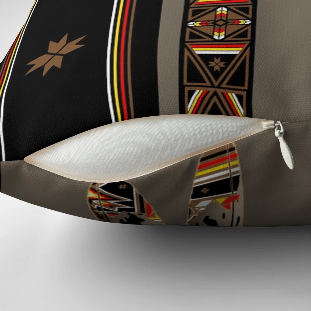 Lakota Design Pillow featuring Melvin War Eagle's vibrant Native American pop art design with feathers, eagle, and medicine wheel