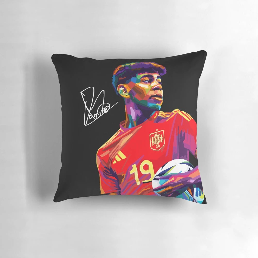 A vibrant WPAP art pillow featuring the portrait of football player Lamine Yamal from Barcelona FC.