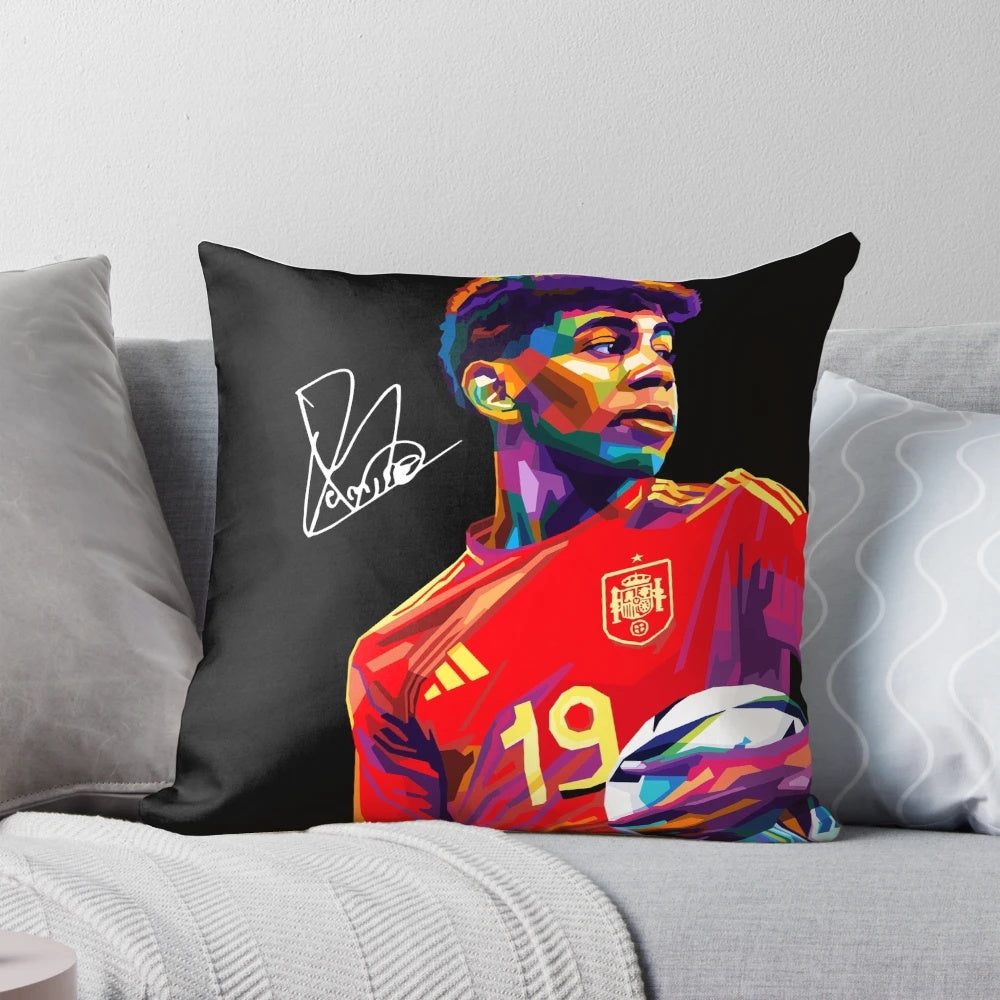 A vibrant WPAP art pillow featuring the portrait of football player Lamine Yamal from Barcelona FC.