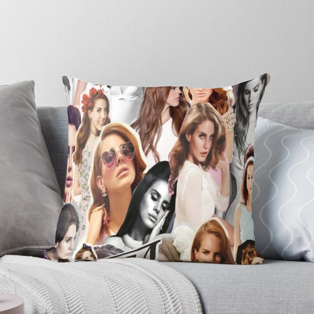 Lana Del Rey inspired collage art custom pillow with singer, star, and idol imagery