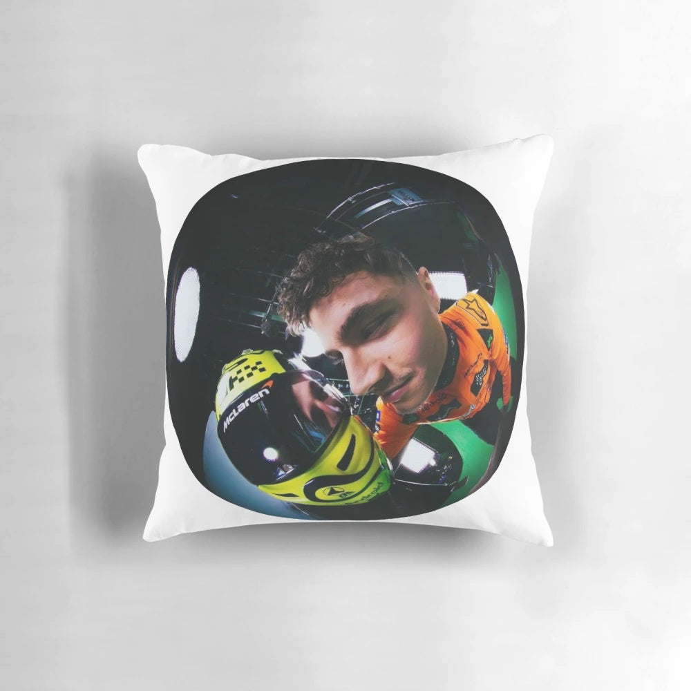 Lando Norris Formula One Fisheye Pillow showcasing the McLaren driver's iconic racing car on a soft, comfortable cushion.