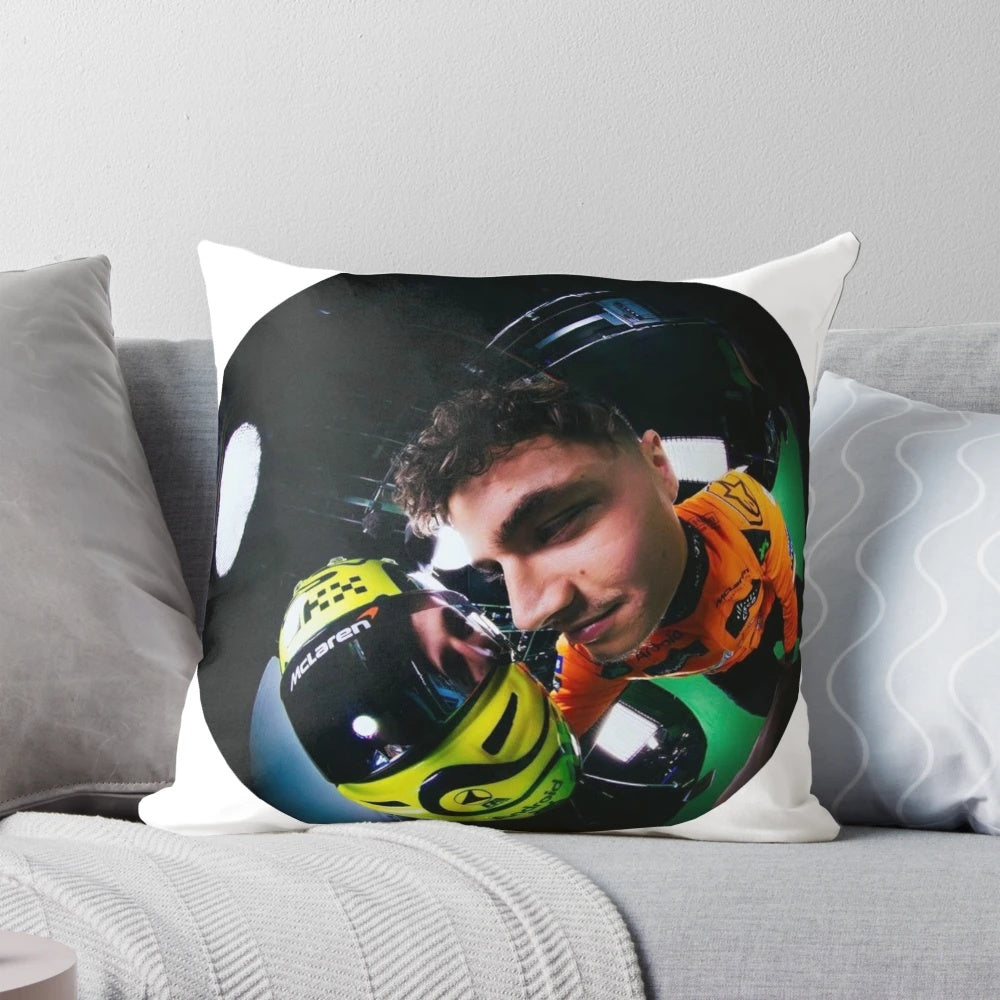 Lando Norris Formula One Fisheye Pillow showcasing the McLaren driver's iconic racing car on a soft, comfortable cushion.