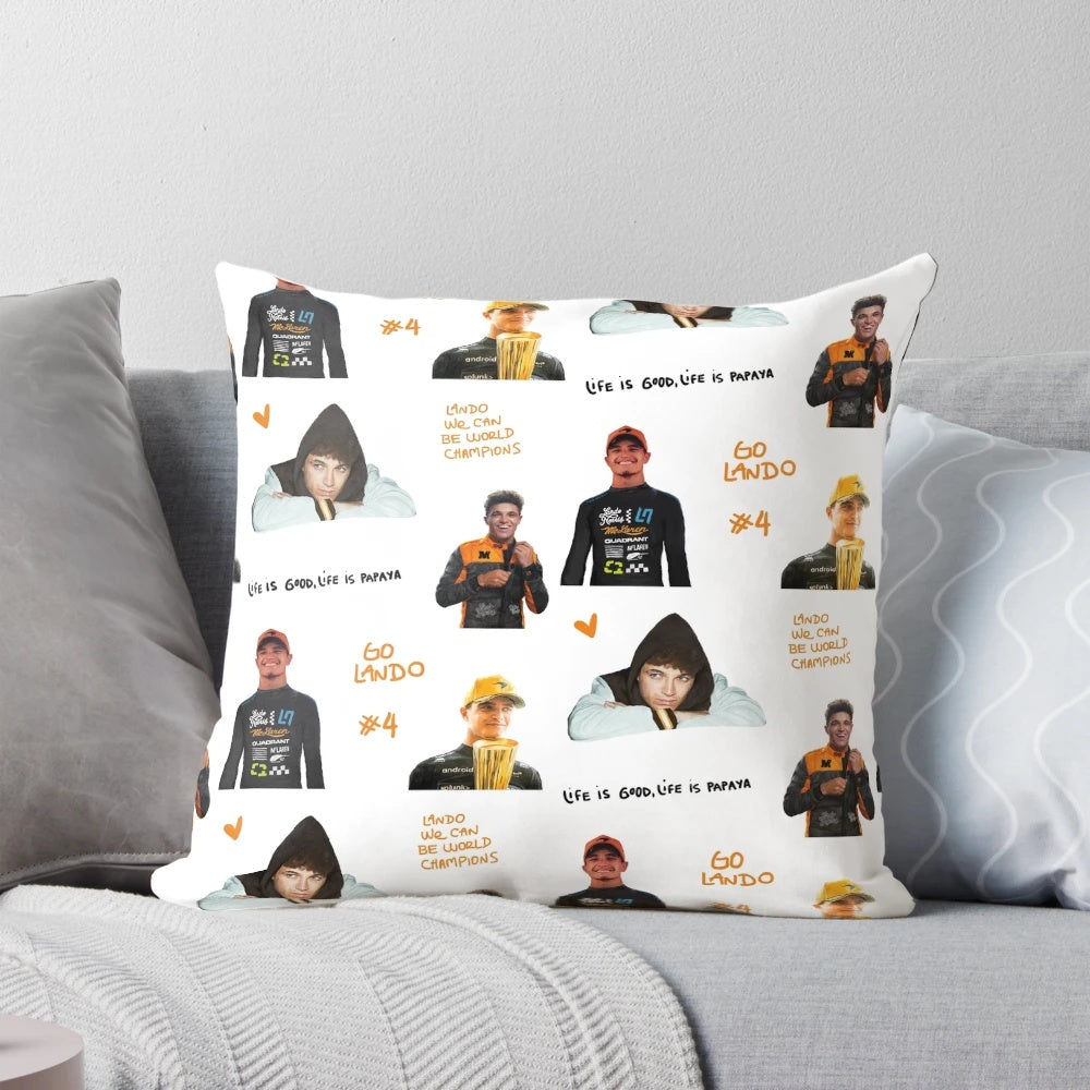 Lando Norris inspired decorative pillow featuring custom illustrated stickers