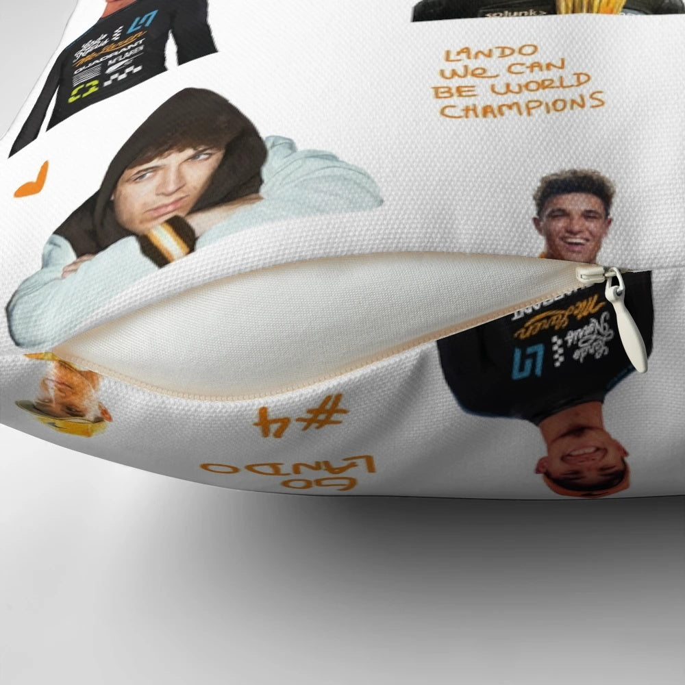 Lando Norris inspired decorative pillow featuring custom illustrated stickers