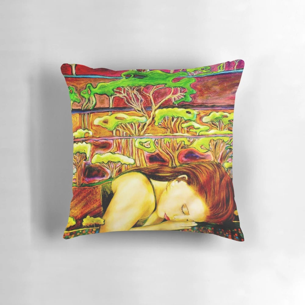 Vibrant oil painting of a serene landscape with a young girl, featured on a high-quality throw pillow