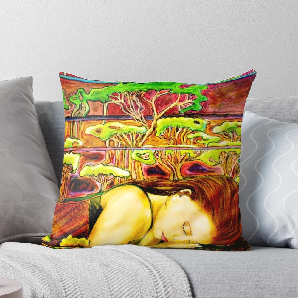 Vibrant oil painting of a serene landscape with a young girl, featured on a high-quality throw pillow