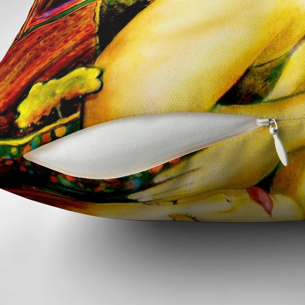 Vibrant oil painting of a serene landscape with a young girl, featured on a high-quality throw pillow
