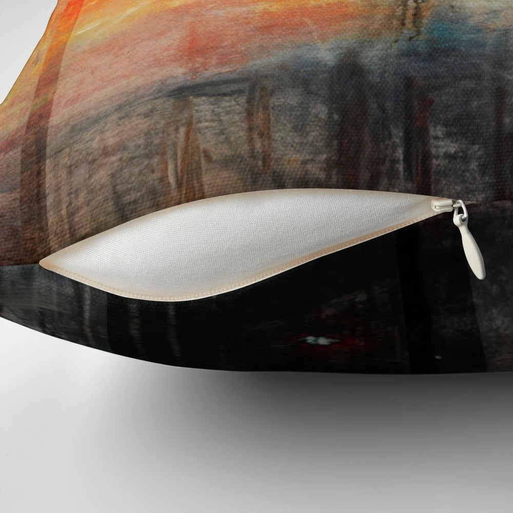 Large blue and orange abstract landscape art printed on a decorative throw pillow