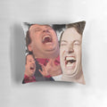 A pillow featuring a hysterical laugh image of comedian David Mitchell