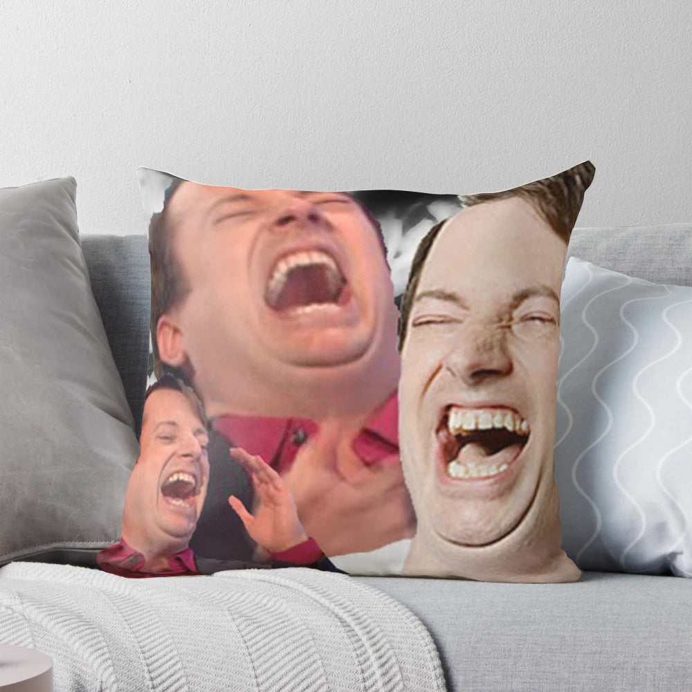 A pillow featuring a hysterical laugh image of comedian David Mitchell