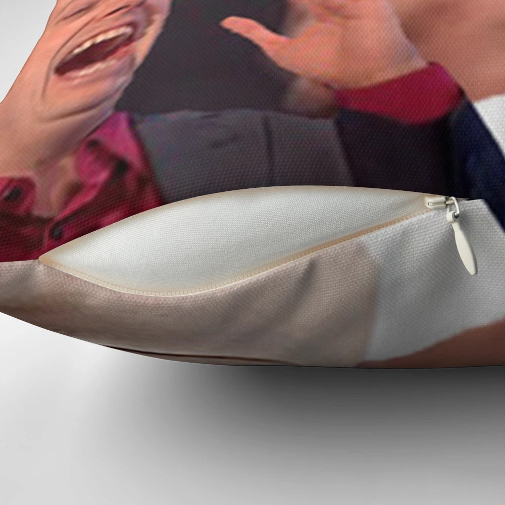 A pillow featuring a hysterical laugh image of comedian David Mitchell