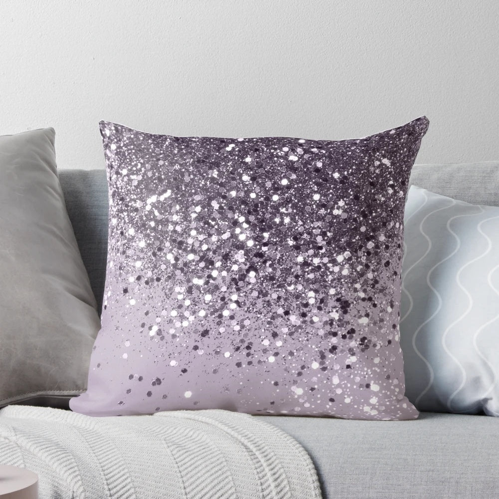 Lavender and glitter accented decorative pillow with ultraviolet hues