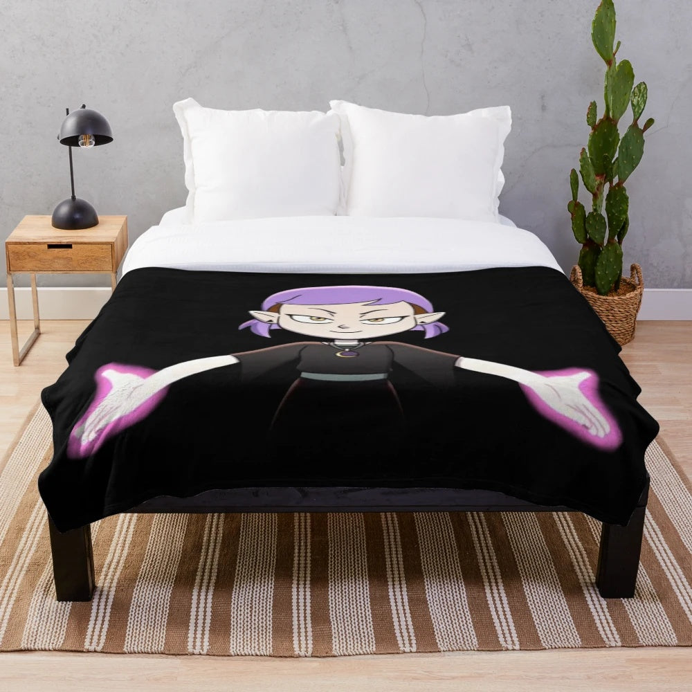 Amity Blight from The Owl House with lavender hair on a plush blanket