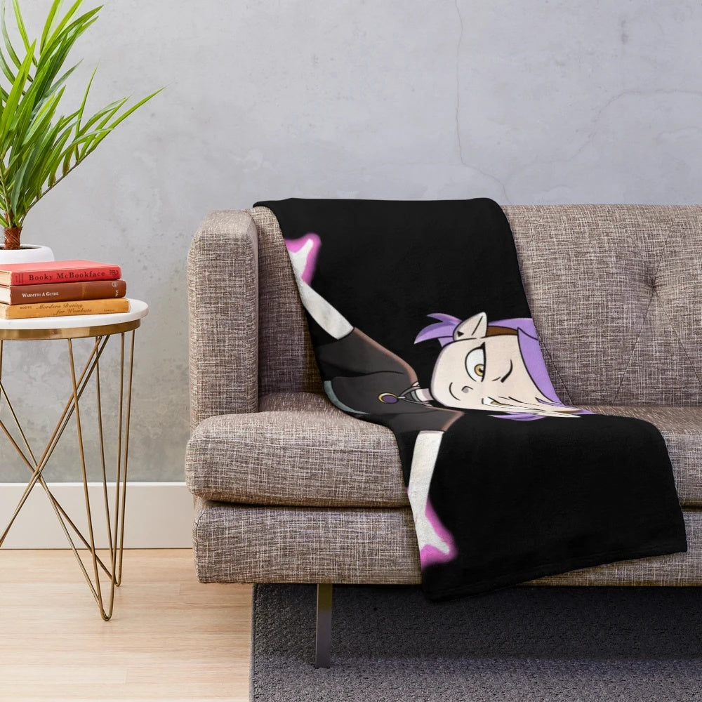 Amity Blight from The Owl House with lavender hair on a plush blanket