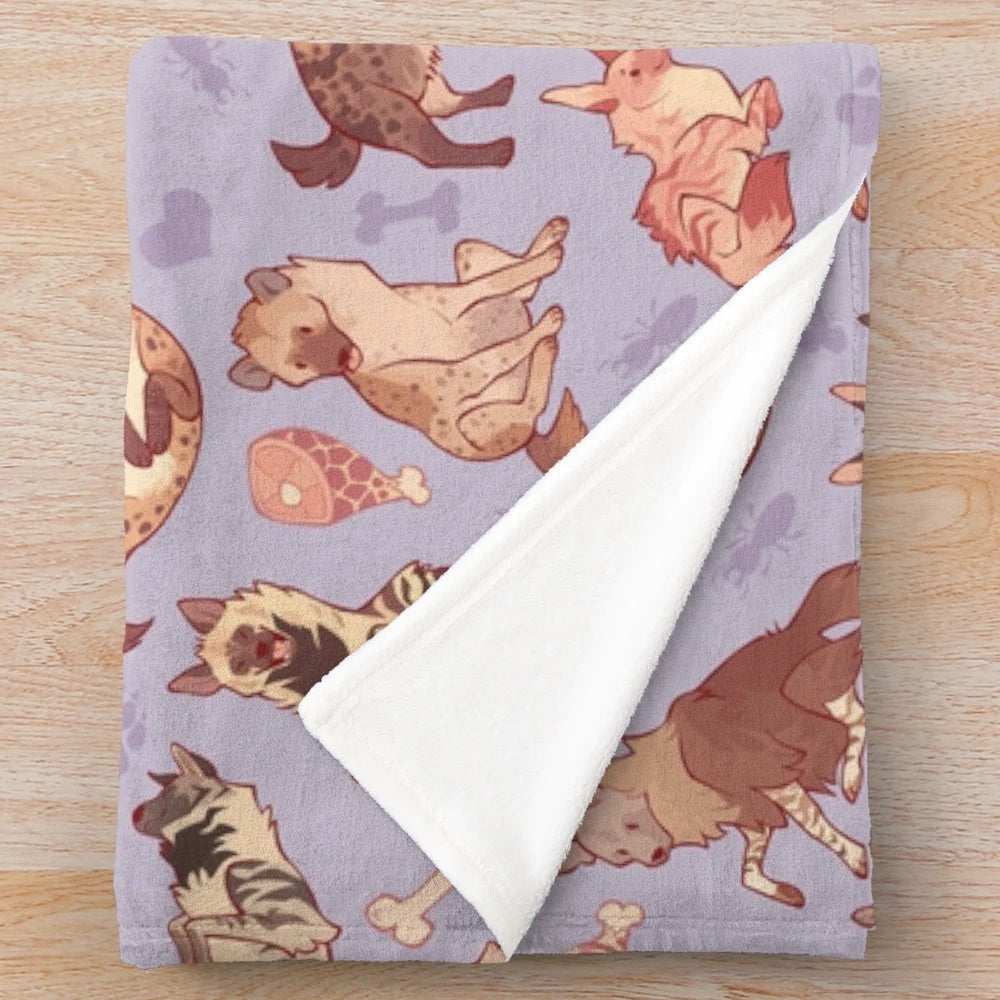 Lavender plush blanket with hyena pattern design