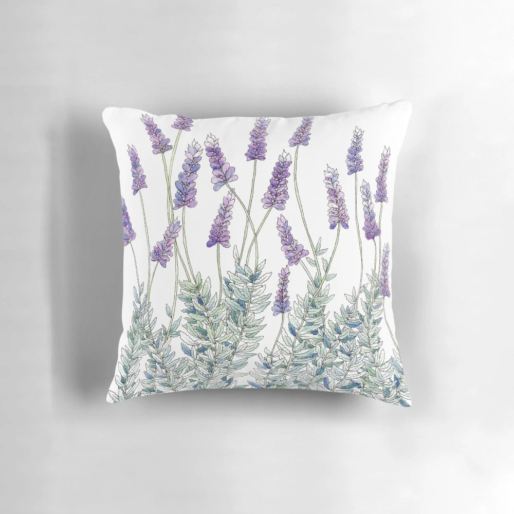 Lavender illustration print on a soft, high-quality throw pillow.