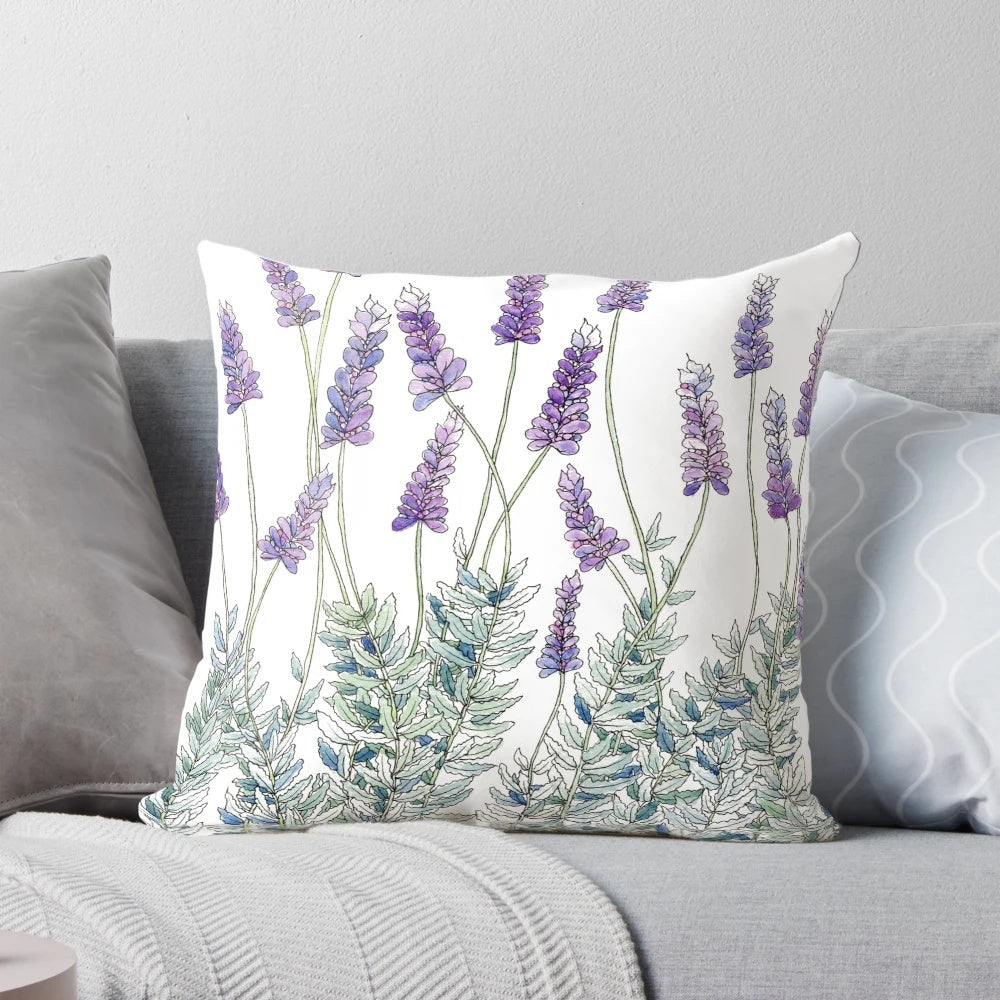 Lavender illustration print on a soft, high-quality throw pillow.