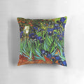 Vibrant lavender irises pillow design inspired by the iconic painting "Irises" by artist Vincent van Gogh.