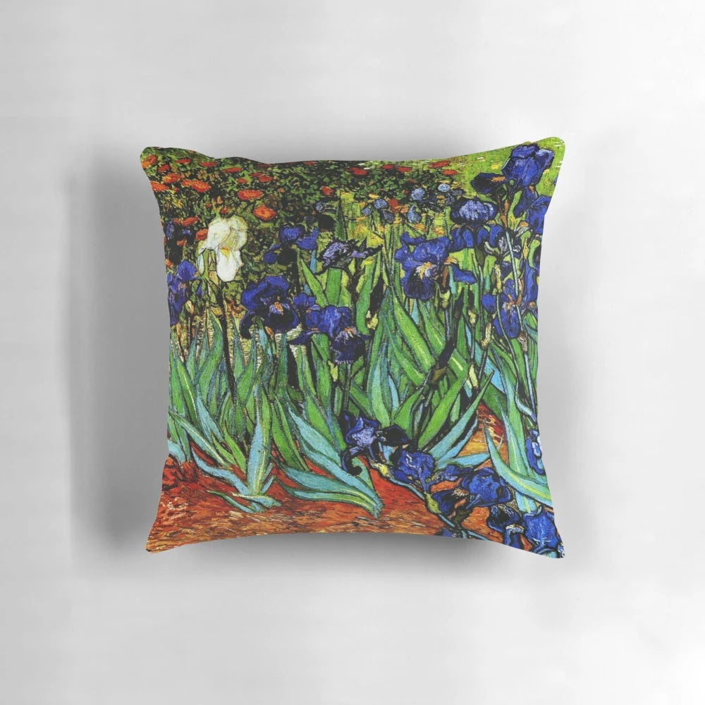 Vibrant lavender irises pillow design inspired by the iconic painting "Irises" by artist Vincent van Gogh.