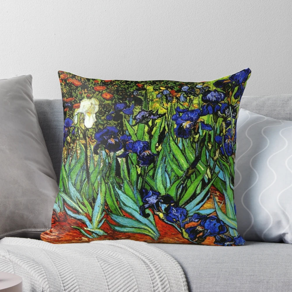 Vibrant lavender irises pillow design inspired by the iconic painting "Irises" by artist Vincent van Gogh.
