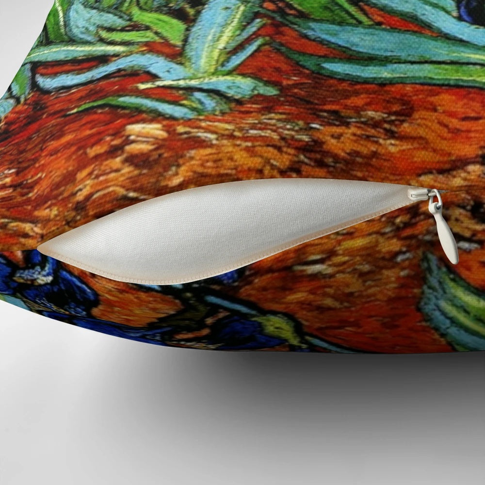Vibrant lavender irises pillow design inspired by the iconic painting "Irises" by artist Vincent van Gogh.