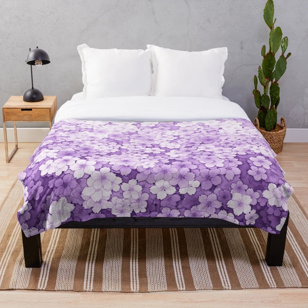 Lavender sakura blossom plush blanket with falling petals