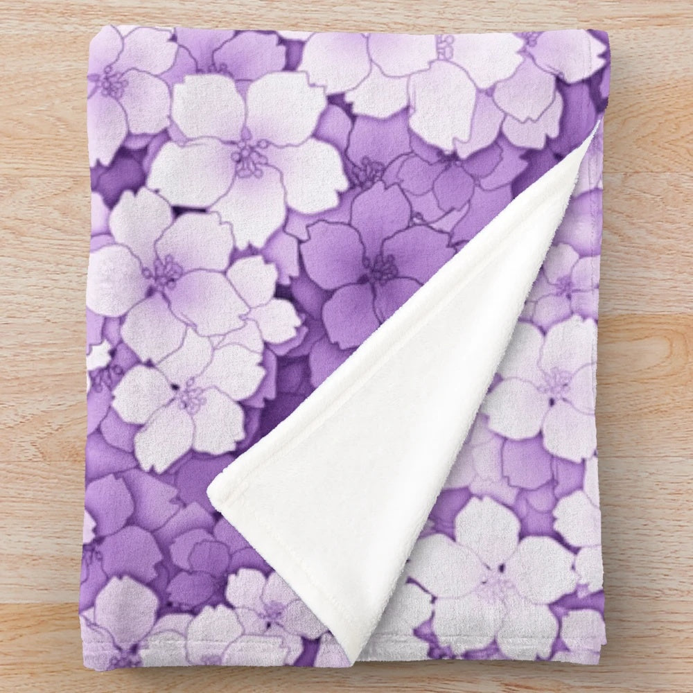 Lavender sakura blossom plush blanket with falling petals