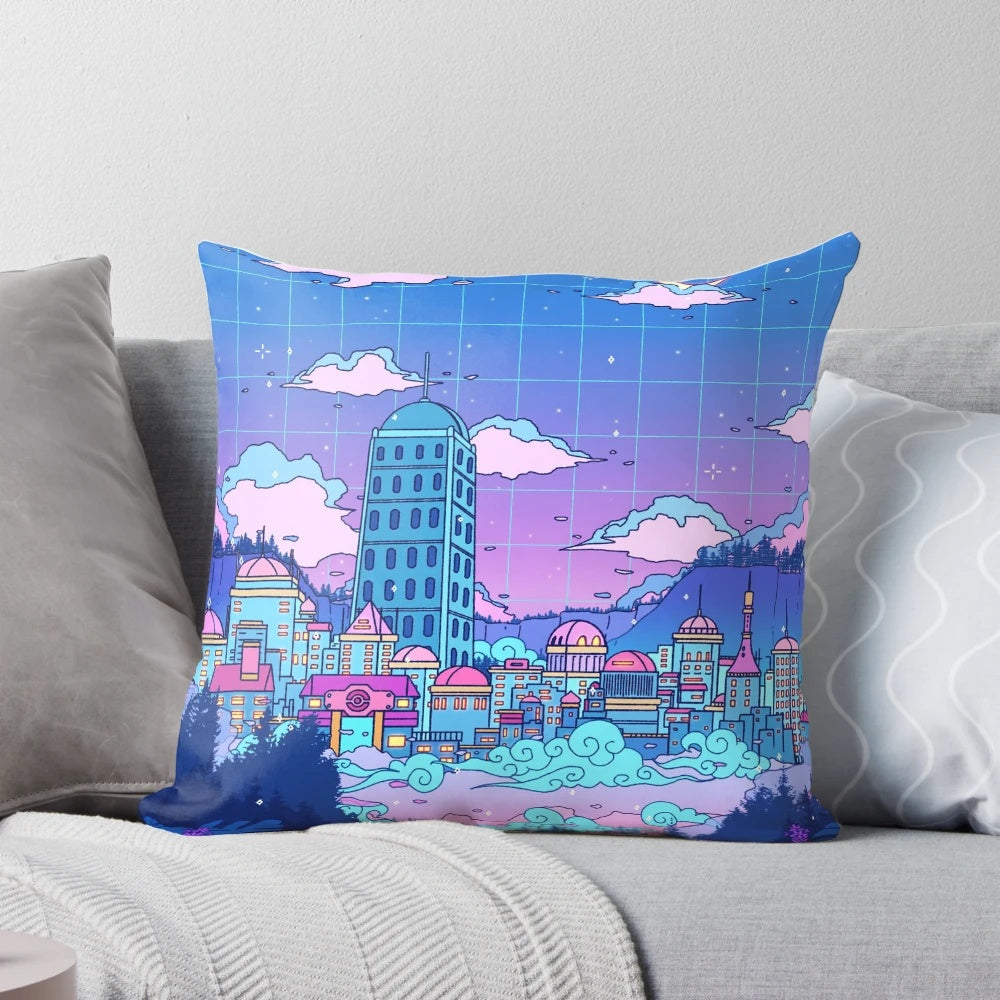 A soft, plush pillow featuring a whimsical, pastel-colored Lavender Town design from the popular video game series.