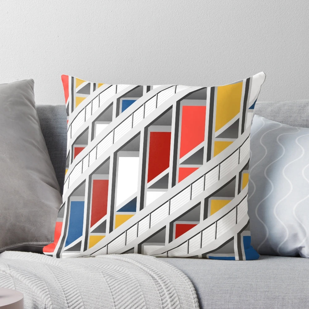 Le Corbusier inspired architectural illustration pillow featuring abstract geometric shapes and primary colors.