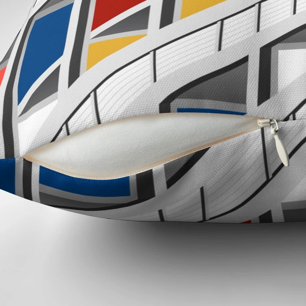 Le Corbusier inspired architectural illustration pillow featuring abstract geometric shapes and primary colors.
