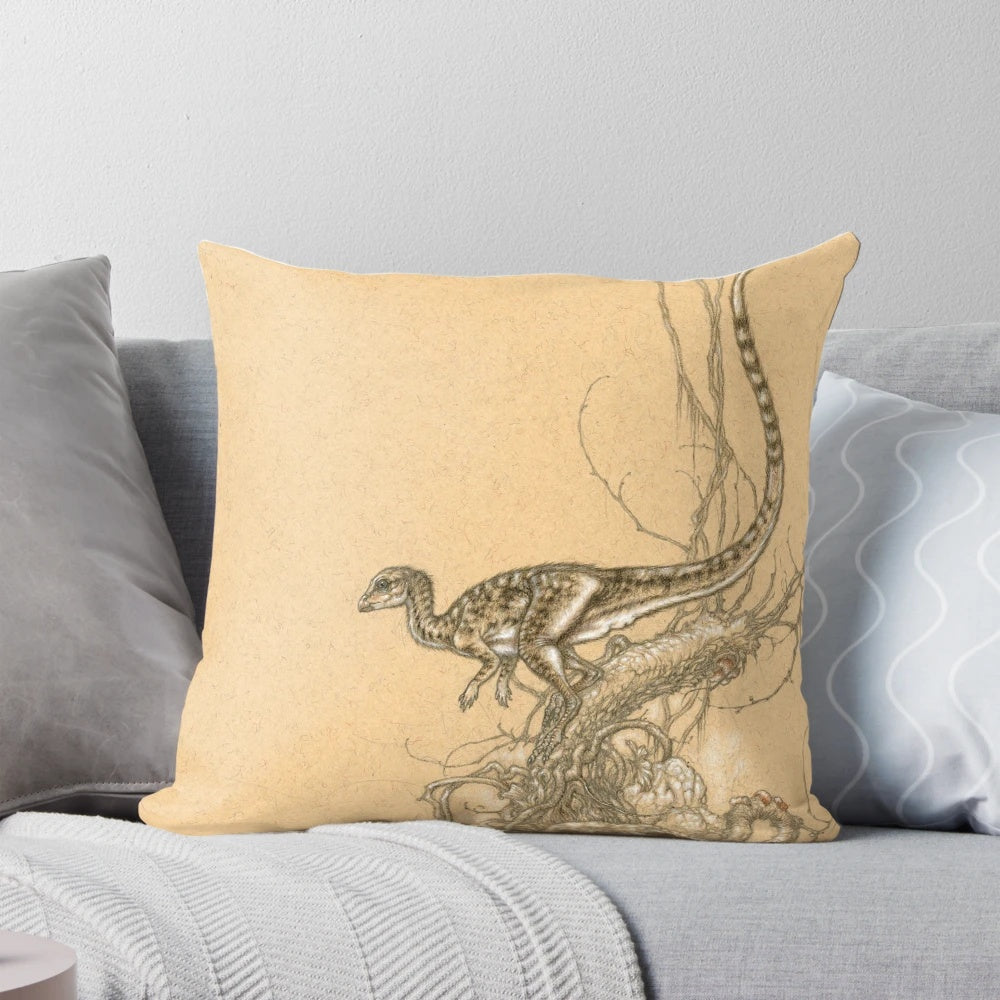 Leaellynasaura dinosaur throw pillow featuring a realistic illustration of the extinct prehistoric creature