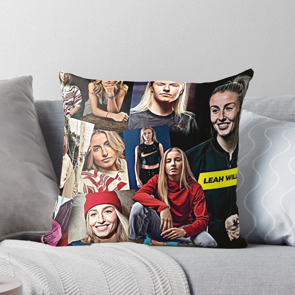 Artistic pillow featuring a collage design of Leah Williamson