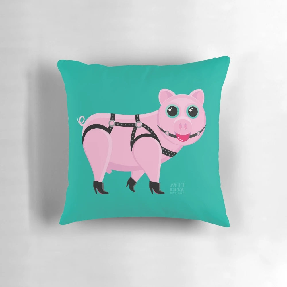 Gay-themed leather harness pillow with a piggy design