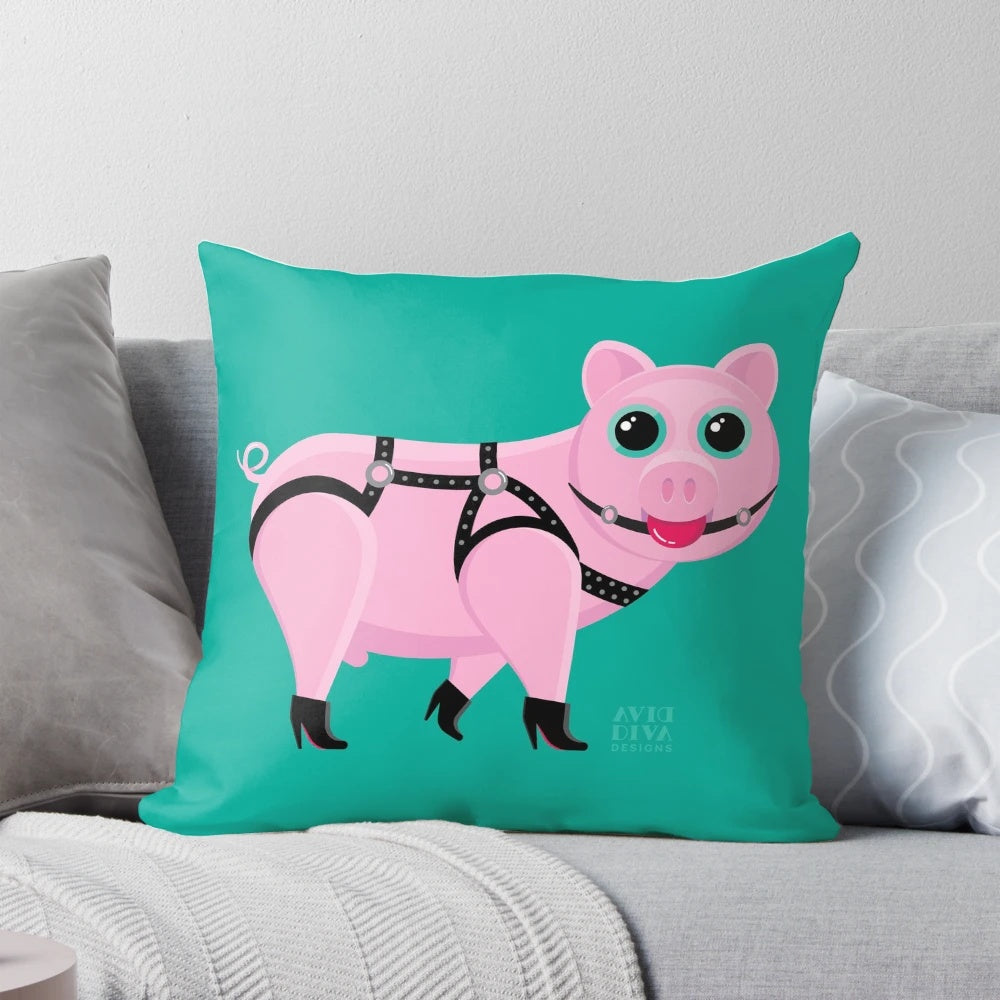 Gay-themed leather harness pillow with a piggy design