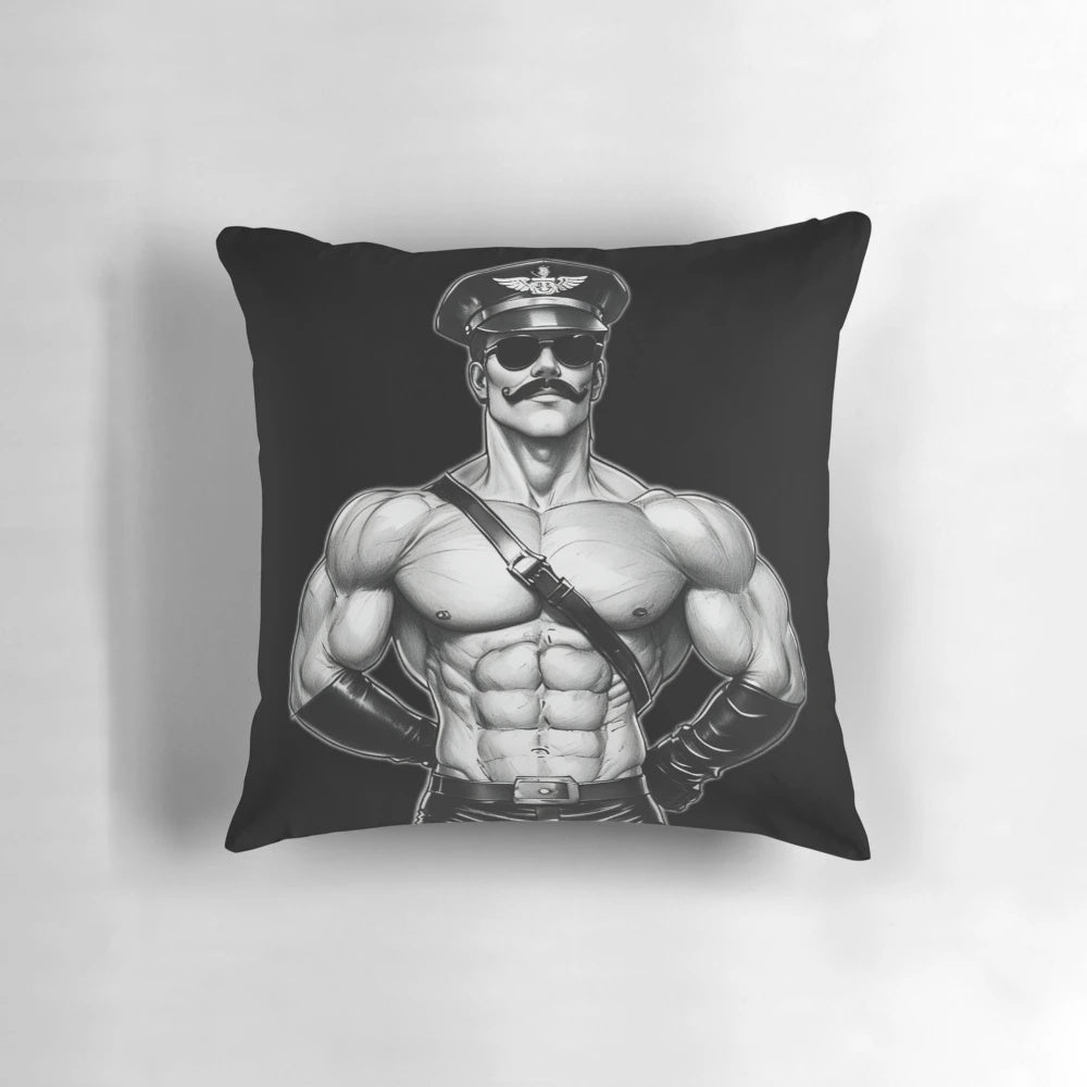 Leather uniform featuring a gay pride graphic design, inspired by the art of Tom of Finland.