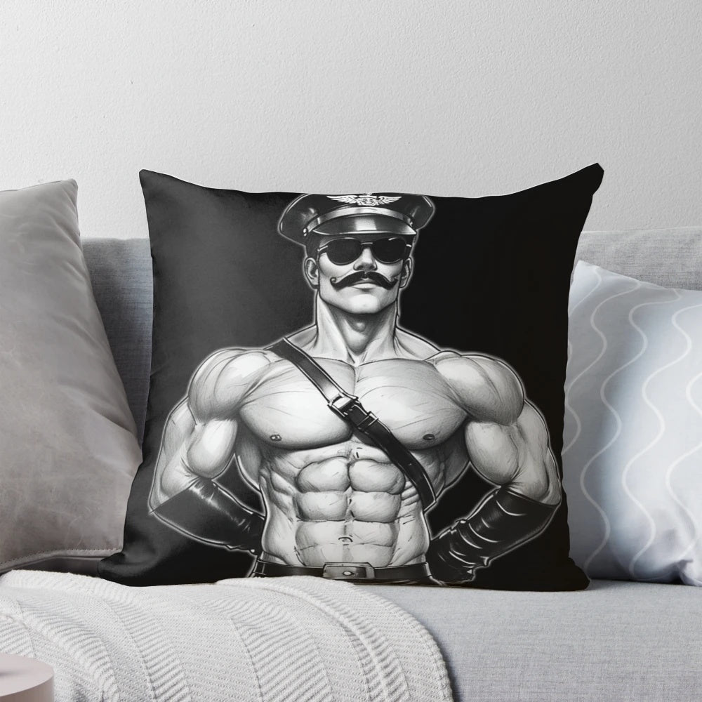 Leather uniform featuring a gay pride graphic design, inspired by the art of Tom of Finland.