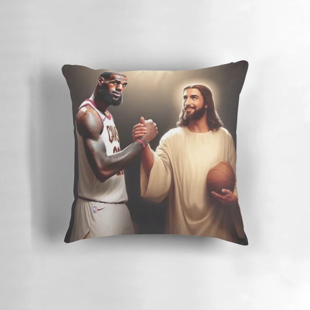A pillow featuring a design with Lebron James and Jesus, representing the intersection of sports and faith.