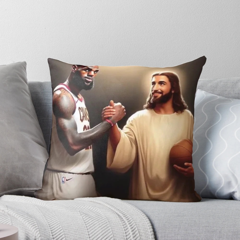 A pillow featuring a design with Lebron James and Jesus, representing the intersection of sports and faith.