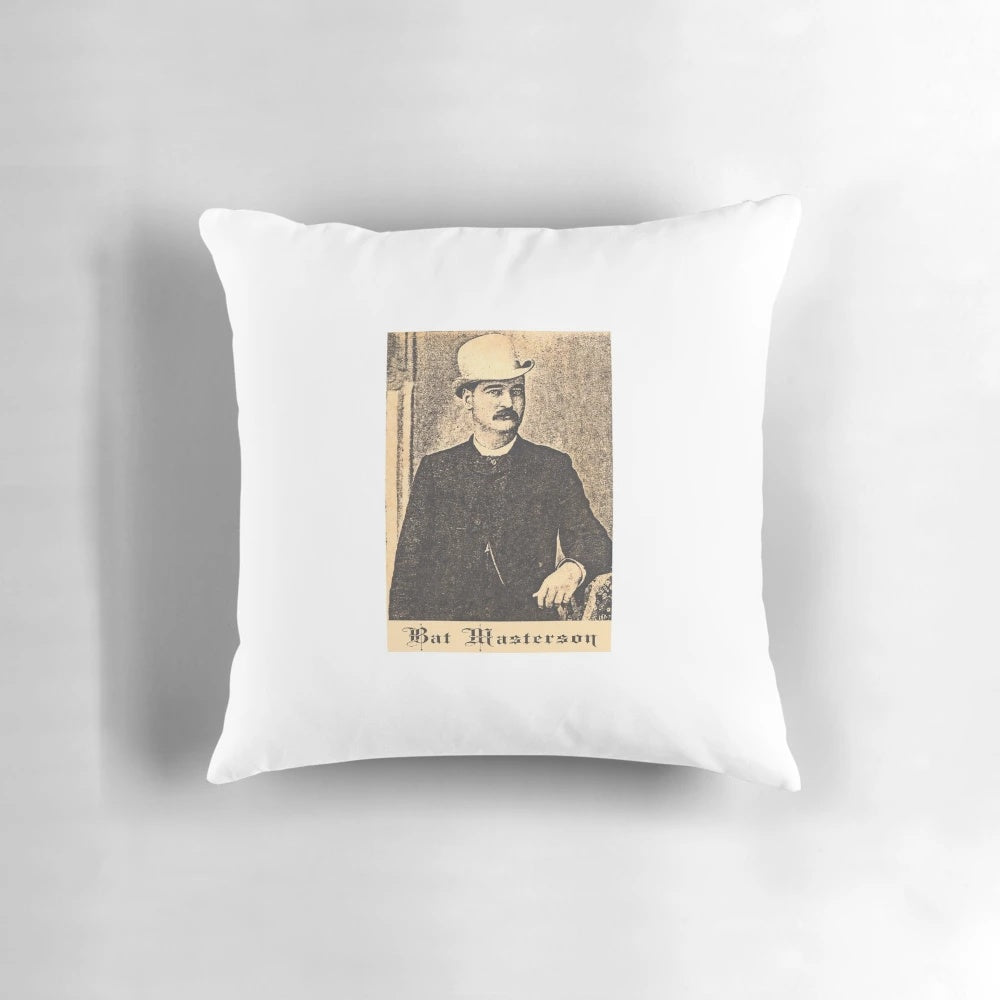 Decorative pillow featuring the image of Bat Masterson, a famous marshal and gambler of the Old West