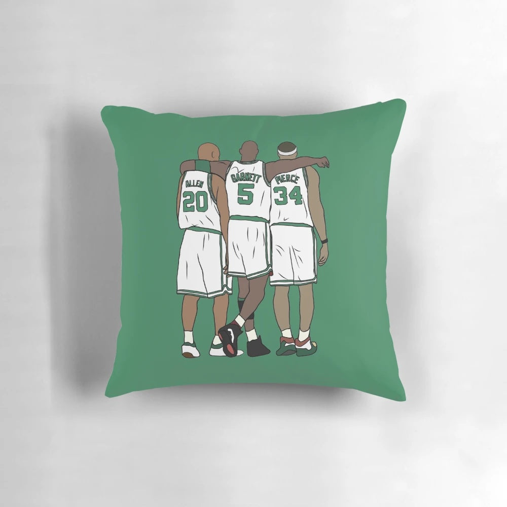 Boston Celtics basketball stars Ray Allen, Paul Pierce, and Kevin Garnett featured on a comfortable pillow