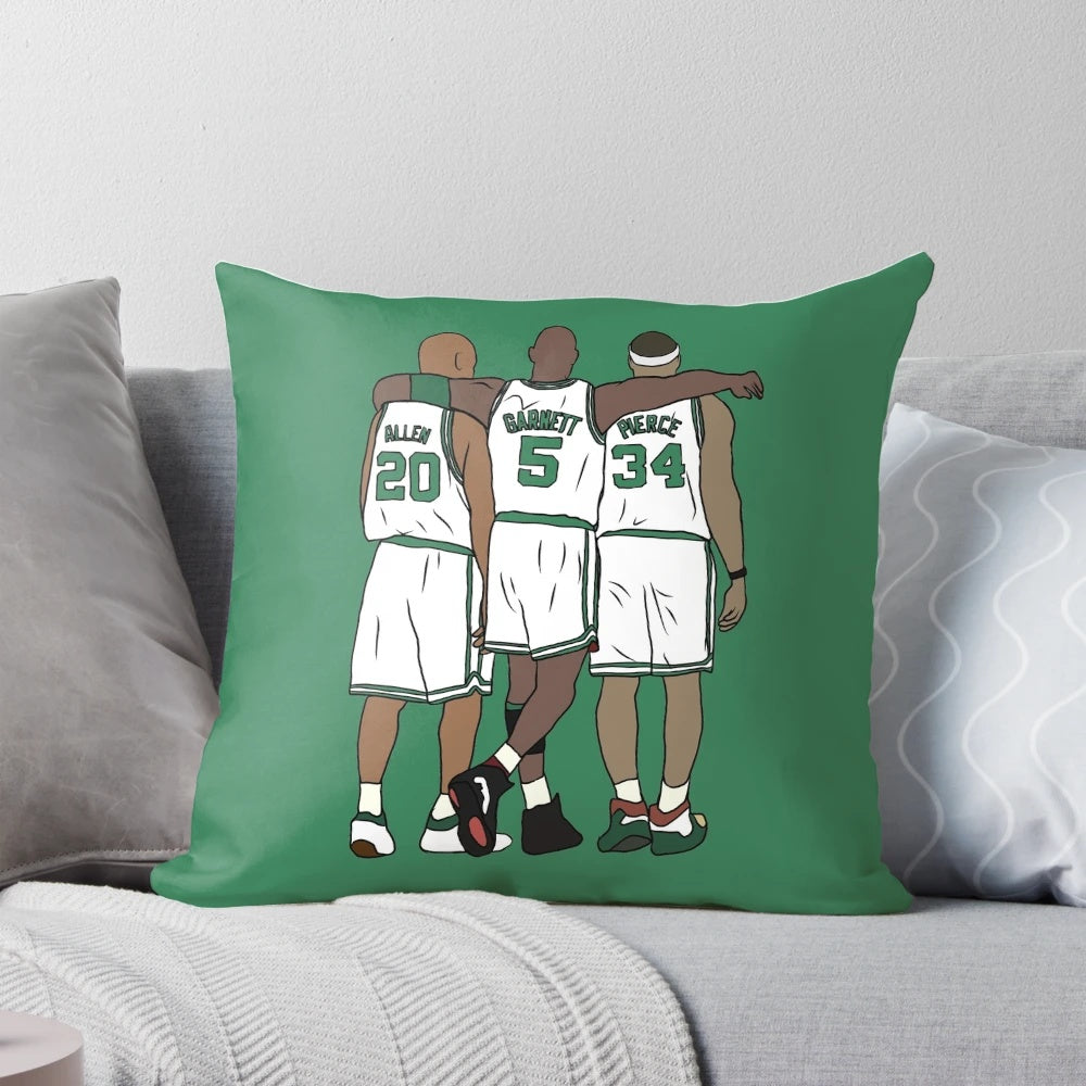 Boston Celtics basketball stars Ray Allen, Paul Pierce, and Kevin Garnett featured on a comfortable pillow