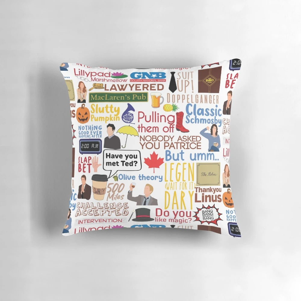 Legendary Chronicles HIMYM Pillow with iconic fanart design featuring yellow umbrella, blue trumpet, and other references to the TV series.