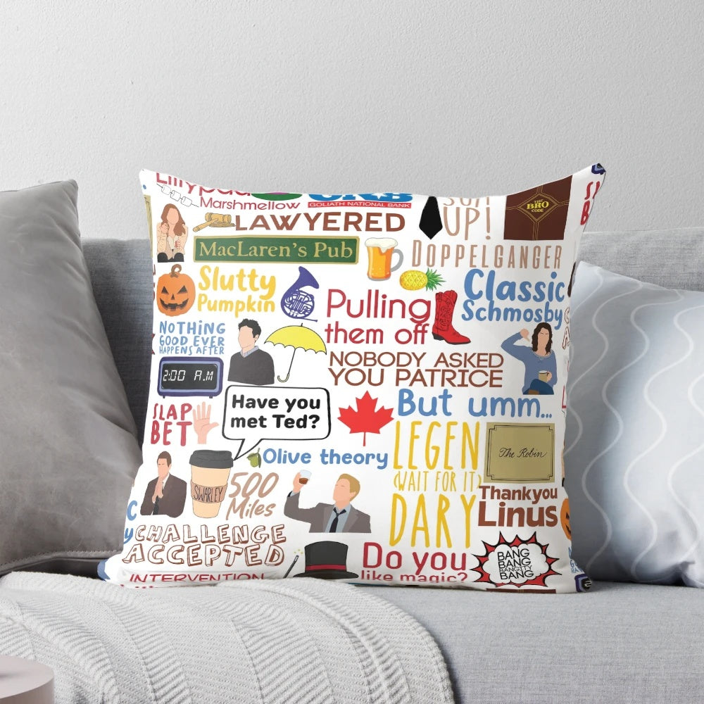 Legendary Chronicles HIMYM Pillow with iconic fanart design featuring yellow umbrella, blue trumpet, and other references to the TV series.