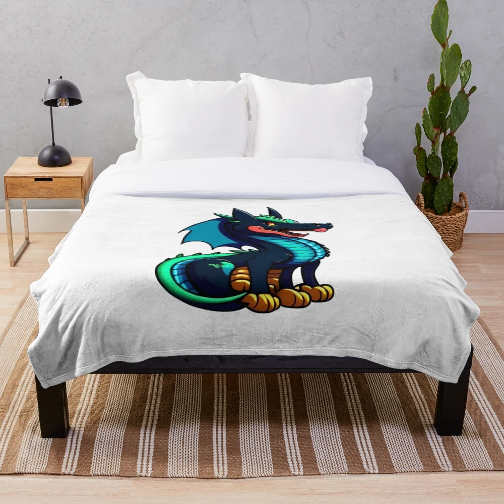 Plush blanket featuring a cool anime-style illustration of a dragon and other legendary animals