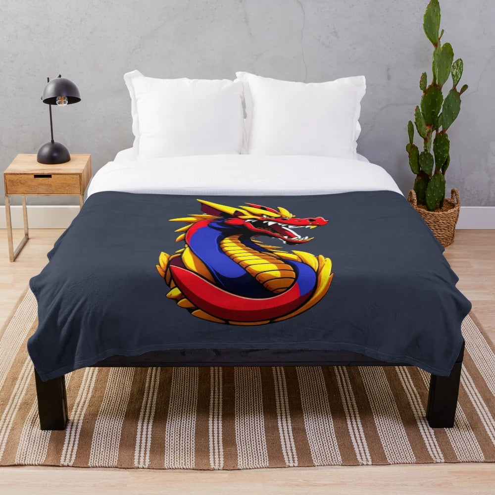 Plush blanket with a detailed dragon illustration in an anime/manga style