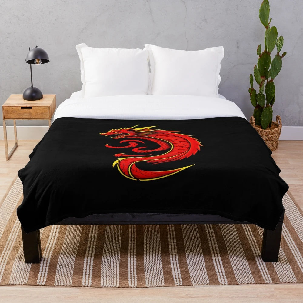 Red dragon art illustration on a cozy plush blanket for dragon lovers