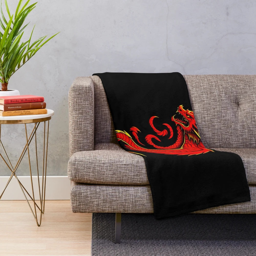 Red dragon art illustration on a cozy plush blanket for dragon lovers
