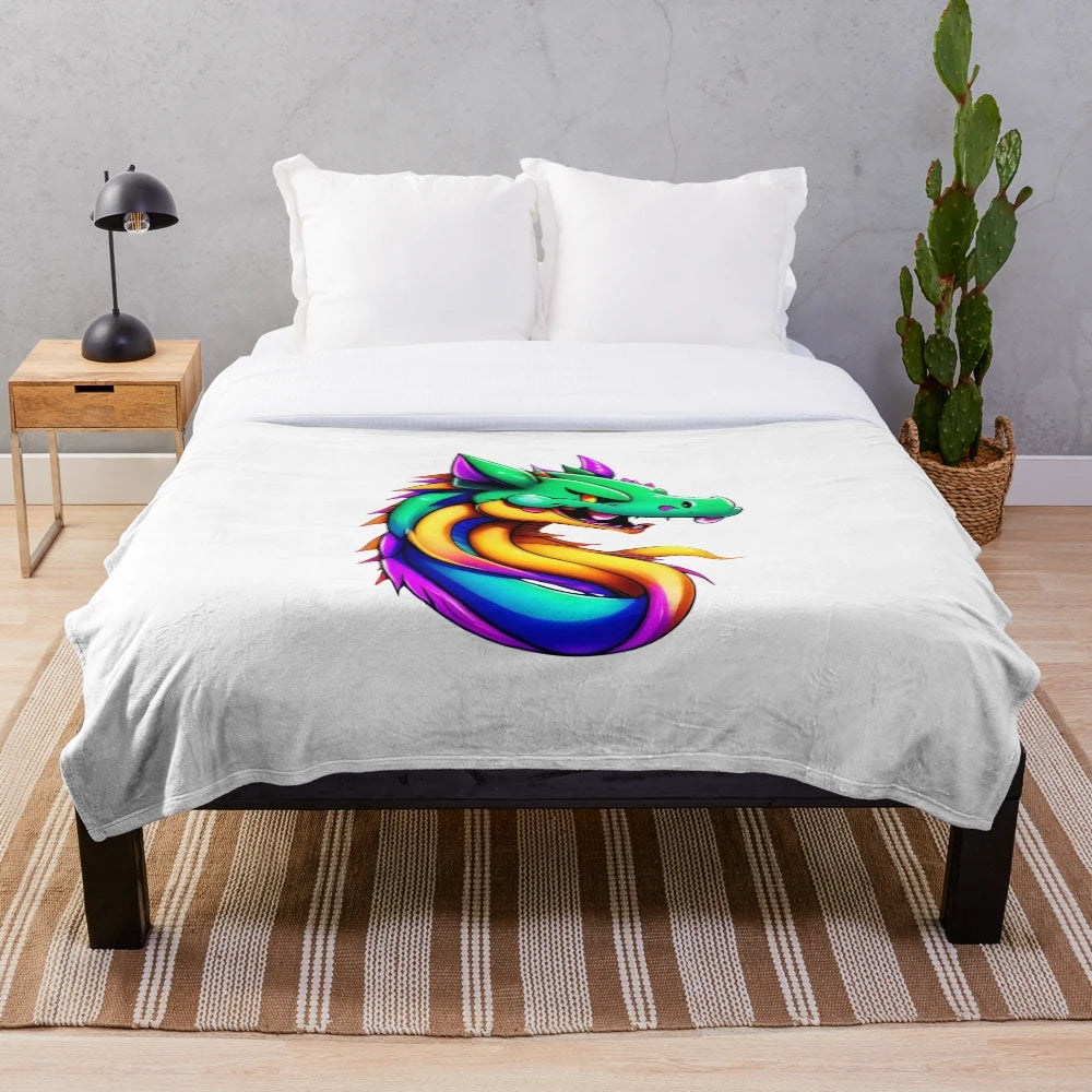 Anime-style illustration of a legendary dragon on a plush blanket