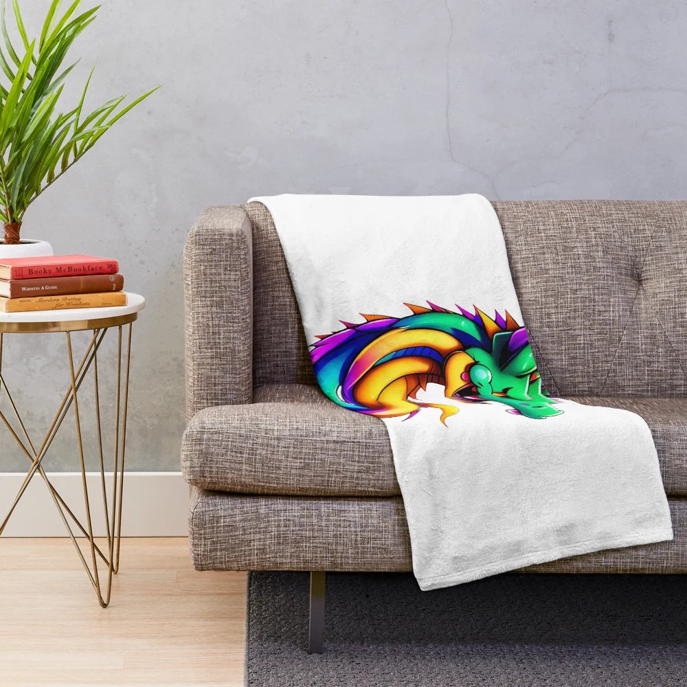 Anime-style illustration of a legendary dragon on a plush blanket